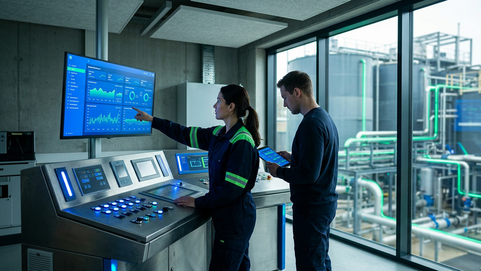Operational staff inspecting a water treatment facility control room with infrastructure visible through windows