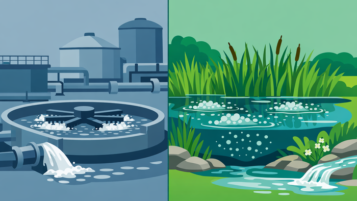 Flat illustration comparing conventional activated sludge wastewater treatment plant versus an aerated constructed wetland system