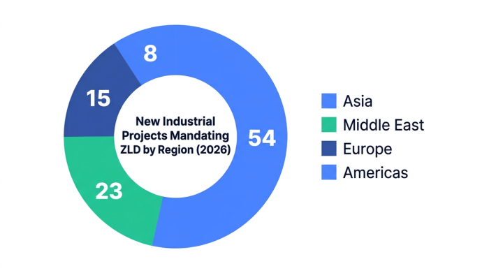 Pie chart showing new industrial projects mandating zld by region (2026) — data visualization for share of new industrial water projects mandating zld (%)