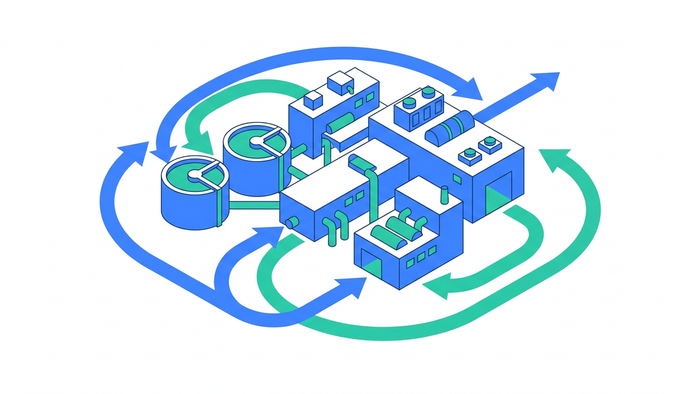 Isometric industrial facility illustration showing water intake, ZLD treatment, and closed-loop reuse arrows