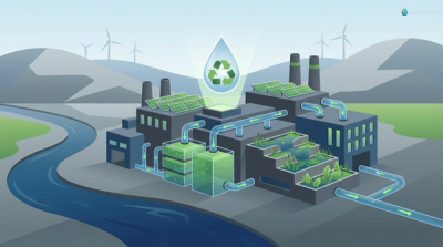 Illustration of a modern industrial landscape with green technology and water recycling systems, symbolizing sustainable water management.