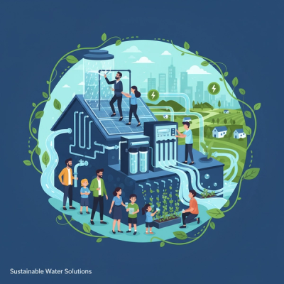 Illustration showing diverse community engaging with decentralized water treatment technologies.