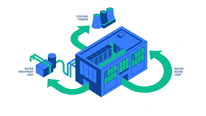 Abstract flat illustration of a data center building with labeled water flow arrows showing cooling, treatment, and reuse pathways during an audit