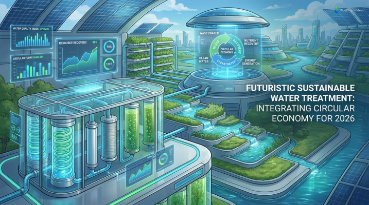 Illustration of futuristic water treatment technology and circular economy concepts in blue and green.