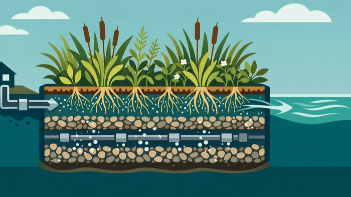 Flat illustration of an aerated constructed wetland system showing nature-based water treatment from polluted inflow to clean water output
