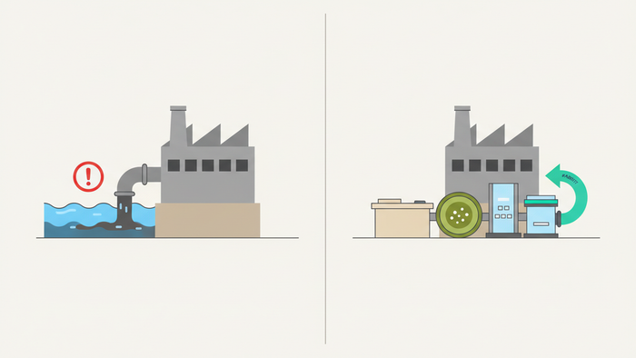 Flat editorial illustration comparing discharge-only wastewater outfall on the left with a multi-stage treatment and reuse loop returning water to the factory on the right.