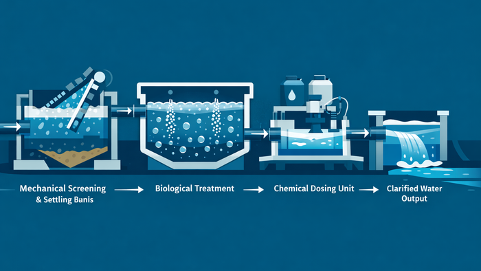 Flat illustration showing the sequential stages of industrial wastewater treatment: mechanical, biological, and chemical processes in a manufacturing plant setting