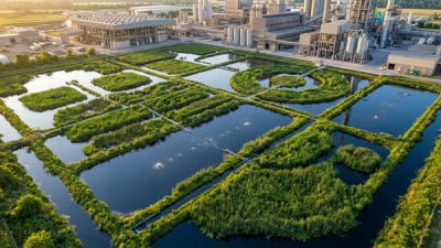 Aerial view of modern aerated constructed wetland system with green vegetation beds and industrial facility, showcasing nature-based water treatment technology