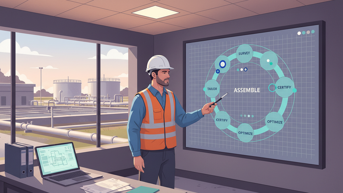 Industrial operations room scene with a water treatment engineer in hard hat and safety vest pointing at a large wall-mounted circular five-stage framework diagram, with treatment tanks visible through a window and subtle data-viz elements on the board.