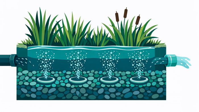 Flat illustration cross-section of an aerated constructed wetland system showing aeration diffusers, gravel substrate, aquatic plants, and clean water flow