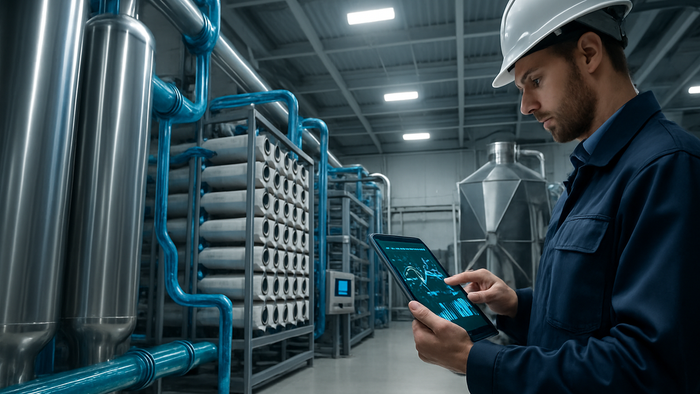 Engineer reviewing data on tablet in modern Zero Liquid Discharge water treatment facility with stainless steel tanks, membrane filtration units, and advanced monitoring systems