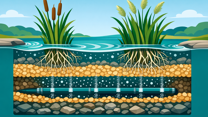 Cross-section flat illustration of an aerated constructed wetland system showing aeration pipes, gravel substrate, and wetland plant roots