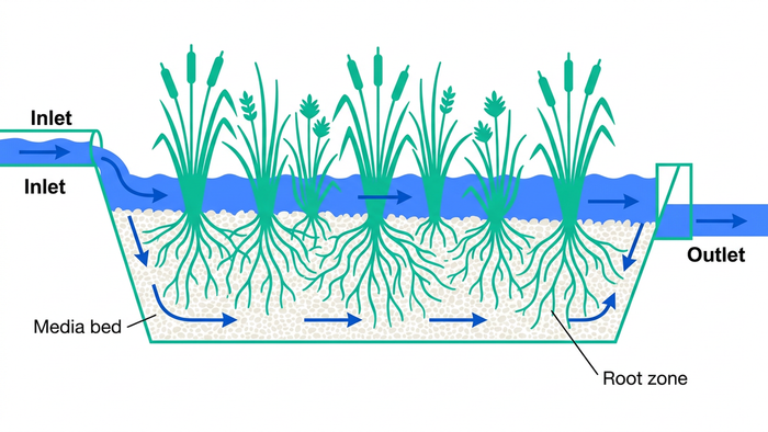 Cutaway illustration of a horizontal subsurface flow constructed wetland showing inlet, media bed, root zone, and outlet with labeled treatment zones