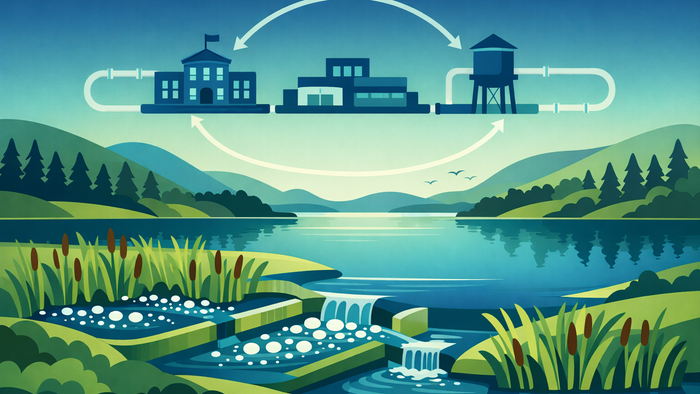 Flat illustration of an integrated sustainable water management ecosystem featuring constructed wetlands, municipal, and industrial water cycles