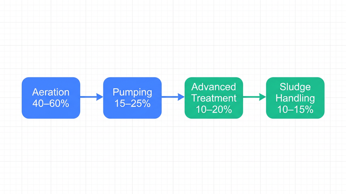 Horizontal process flow diagram showing the typical energy breakdown across four major processes in a water or wastewater treatment plant