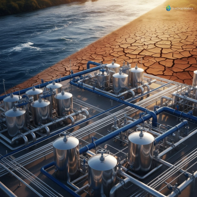 Modern industrial zero liquid discharge facility with advanced water treatment tanks and pipelines contrasting against water-scarce landscape, representing sustainable water management solutions