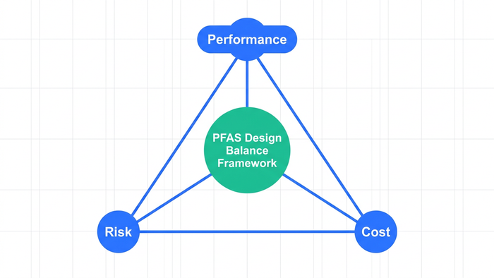 Triangle diagram depicting the PFAS Design Balance Framework with Performance, Risk, and Cost at the three corners and a central node