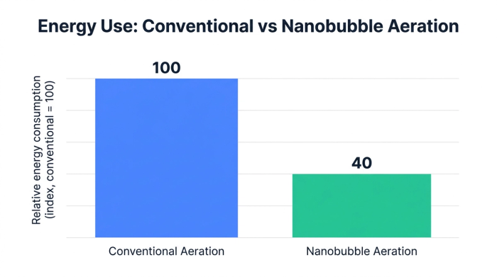 Bar chart showing energy use: conventional vs nanobubble aeration — data visualization for relative energy consumption (index, conventional = 100)