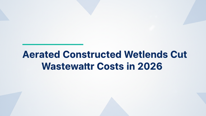 Light-theme blog hero with the title 'Aerated Constructed Wetlands Cut Wastewater Costs in 2026' centered in bold sans-serif on a pale blue-gray gradient background, with a thin teal accent rule and faint geometric shapes behind the text.