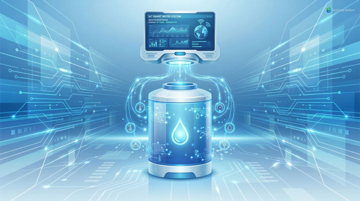 Illustration of a smart water tank with IoT sensors for remote monitoring, blue and white color scheme.