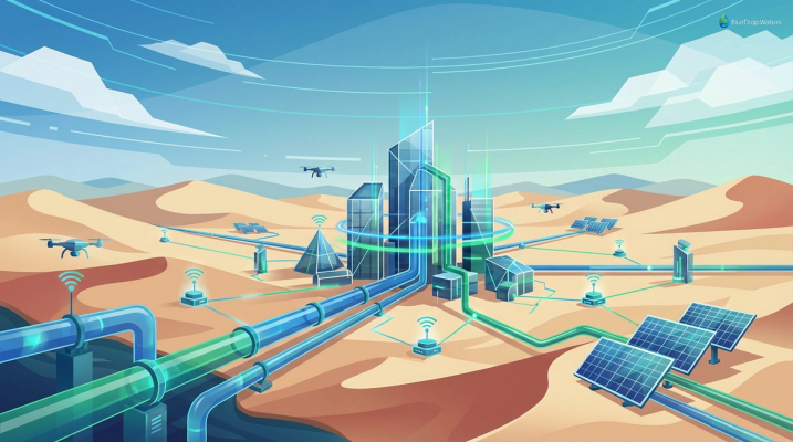 Illustration of high-tech water systems in a remote desert, blending technology with nature.
