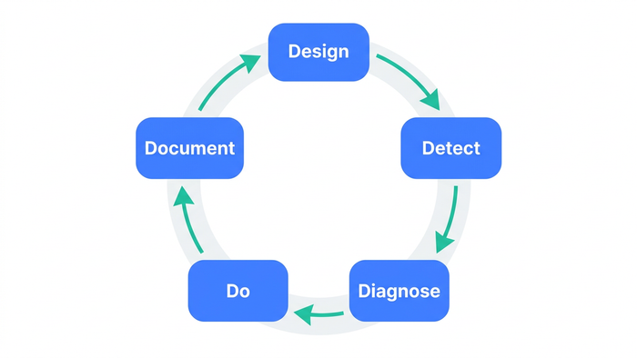 Circular five-step diagram of the 5D Hybrid Care Model for water treatment maintenance