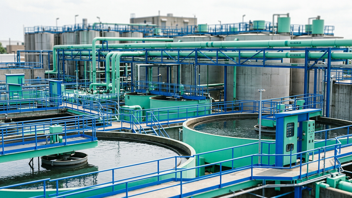 Wide elevated view of a modern industrial water treatment facility with tanks, clarifiers, and piping infrastructure