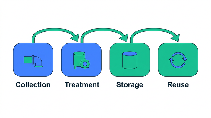 Flat illustration showing horizontal left-to-right wastewater treatment process stages: Collection, Treatment, Storage, and Reuse