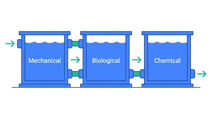 Flat technical illustration of a compact effluent treatment plant showing sequential mechanical, biological, and chemical treatment stages with water flow