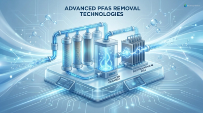 Illustration of PFAS removal technologies with filtration units and advanced processes.