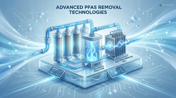 Illustration of PFAS removal technologies with filtration units and advanced processes.