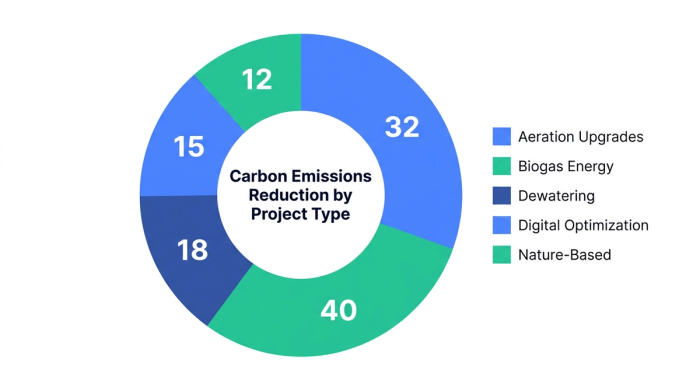 Pie chart showing carbon emissions reduction by project type — data visualization for share of total carbon reduction (%)
