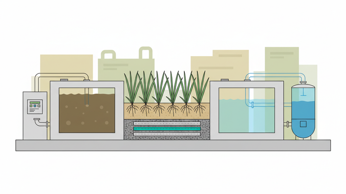Cutaway illustration of an aerated constructed wetland cell between industrial treatment tanks, showing media layers, aeration pipes, and reuse outlet