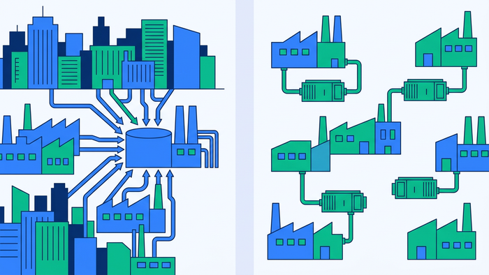 Flat editorial illustration contrasting a centralized wastewater plant on the left with a decentralized network of smaller plants on the right