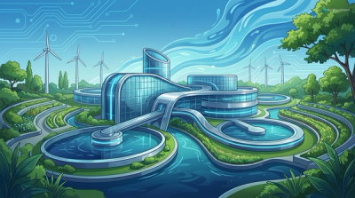 Illustration of a modern turnkey wastewater treatment facility with green surroundings.