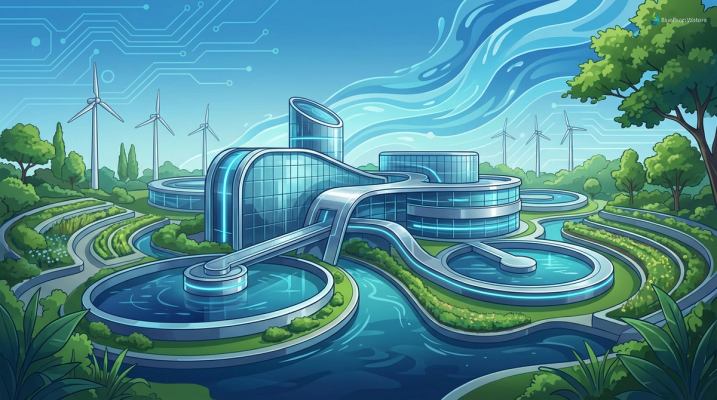 Illustration of a modern turnkey wastewater treatment facility with green surroundings.