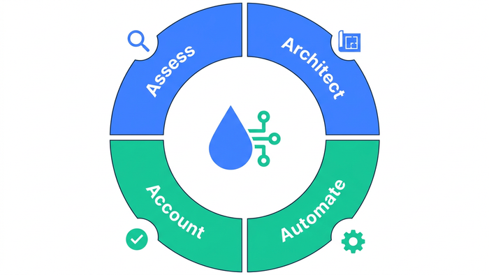 Four-step circular framework illustration labeled Assess, Architect, Automate, Account representing the AI Water Resilience Blueprint
