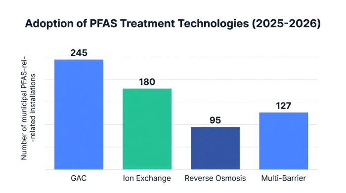 Bar chart showing adoption of pfas treatment technologies (2025-2026) — data visualization for number of municipal pfas-related installations