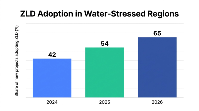 Bar chart showing zld adoption in water-stressed regions — data visualization for share of new projects adopting zld (%)