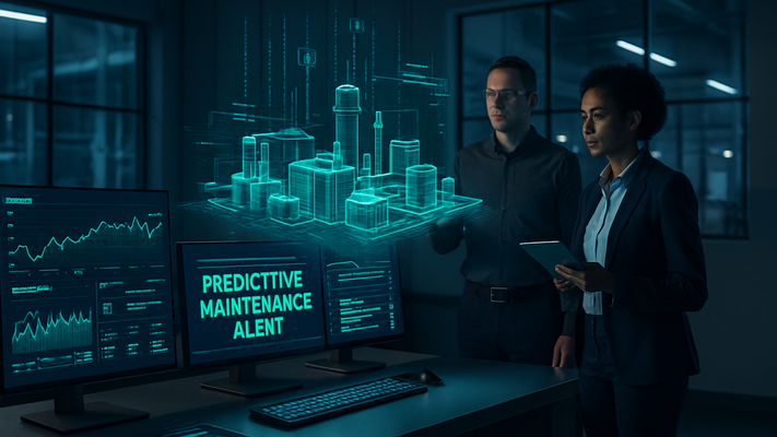 Modern water treatment facility control room with holographic digital twin visualization and AI-powered predictive maintenance displays showing real-time analytics