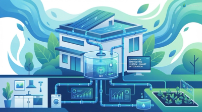 Digital illustration of a rainwater harvesting system with rooftop collection, conveyance pipes, and smart technology integration.