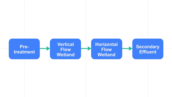 Left-to-right process flow diagram of a hybrid constructed wetland secondary treatment system from pre-treatment to secondary effluent discharge