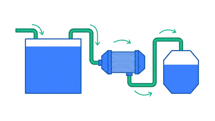 Flat editorial illustration of a membrane bioreactor system showing three connected treatment units with flow arrows