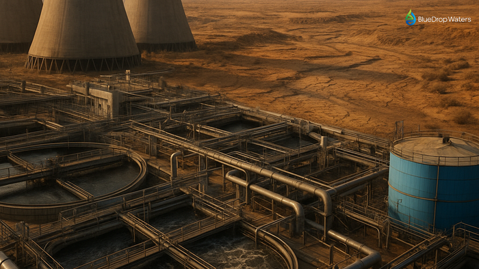Industrial wastewater treatment facility with cooling towers contrasted against drought-affected landscape emphasizing water scarcity challenges