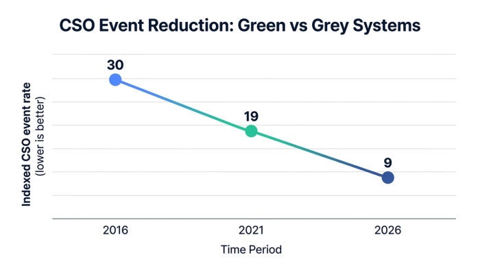 Line chart showing cso event reduction: green vs grey systems — data visualization for indexed cso event rate (lower is better)