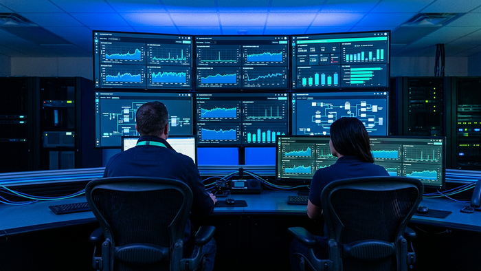 Operators in a wastewater control room viewing large digital dashboards displaying real-time plant data and trends