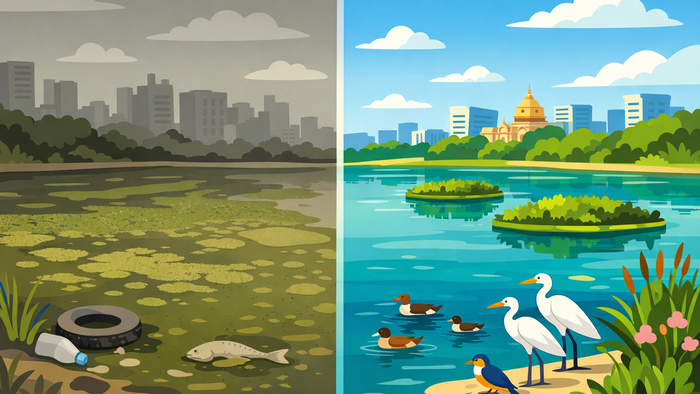 Split flat illustration comparing a polluted eutrophic urban lake on the left with a bioremediation-restored clean lake on the right, using teal and green brand colors