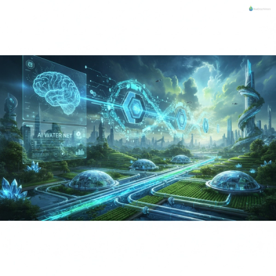 Futuristic illustration depicting decentralized water treatment solutions with AI integration, featuring water flow and data streams in blue and green tones.