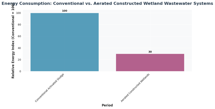 Bar chart showing energy consumption: conventional vs. aerated constructed wetland wastewater systems with data visualization for relative energy index (conventional = 100)
