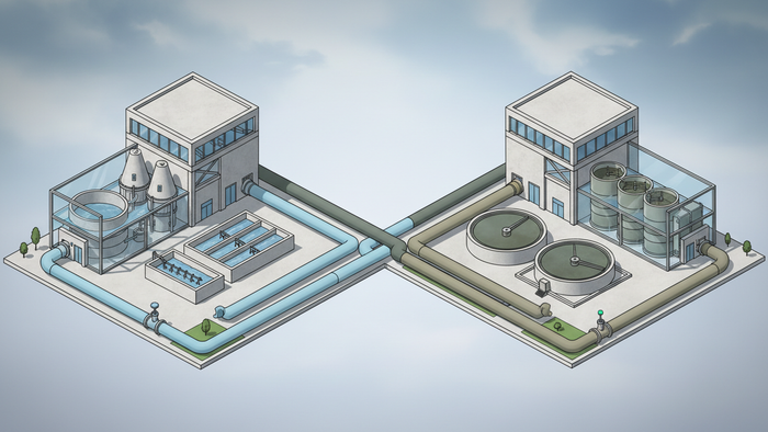 Isometric illustration showing large clean water and used wastewater pipes entering separate treatment buildings on a shared industrial site, with filters and clarifiers for water treatment, and settling tanks and bioreactors for wastewater.